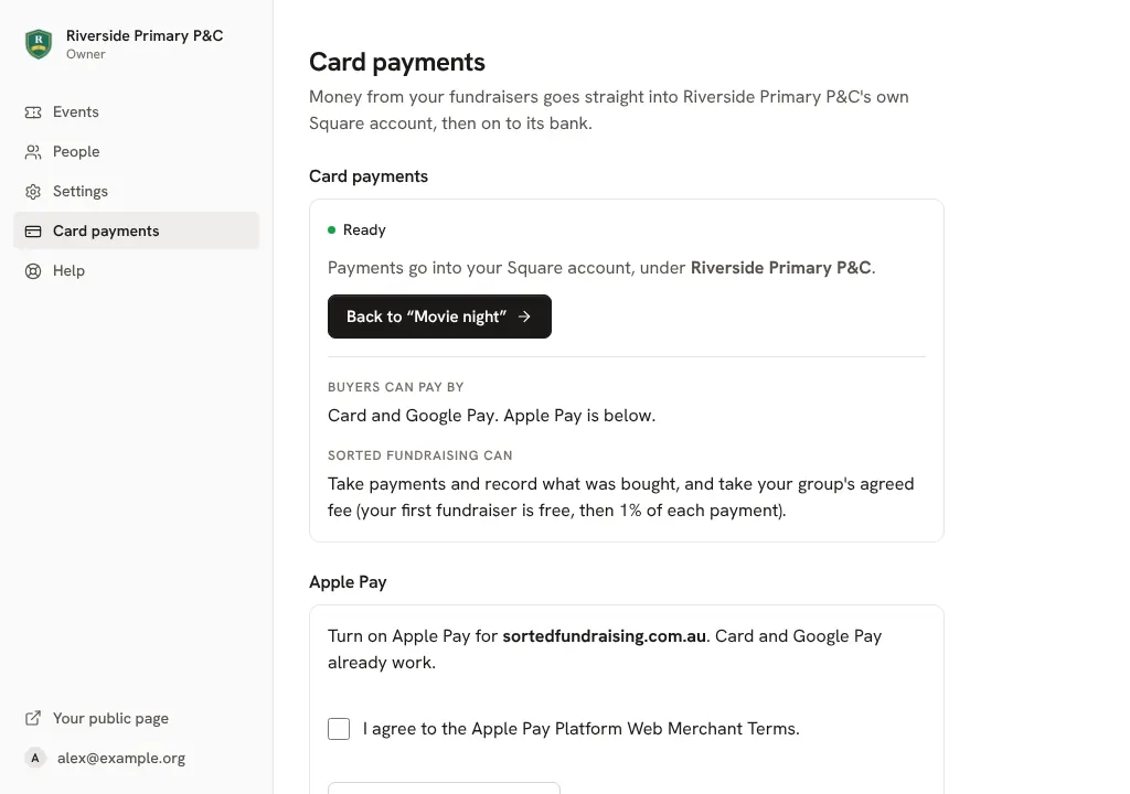 The Card payments screen once it's ready