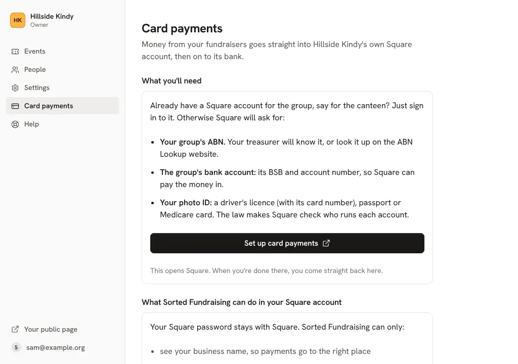 The Card payments screen before Square is set up
