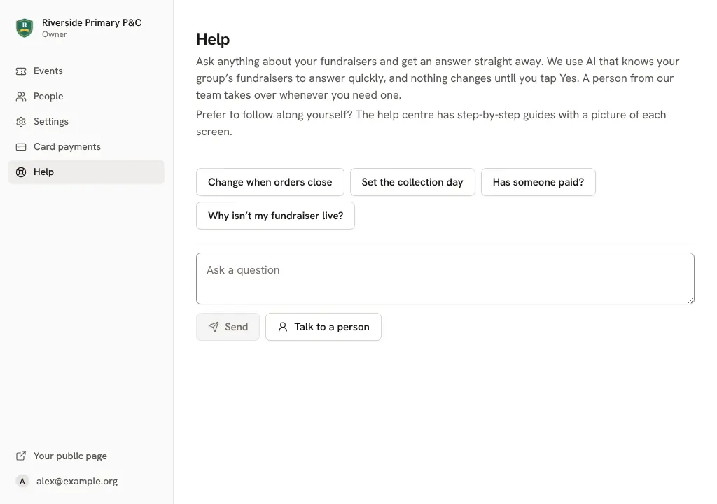 Help: ask a question, or talk to a person