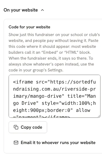 The code to show a fundraiser on your own website