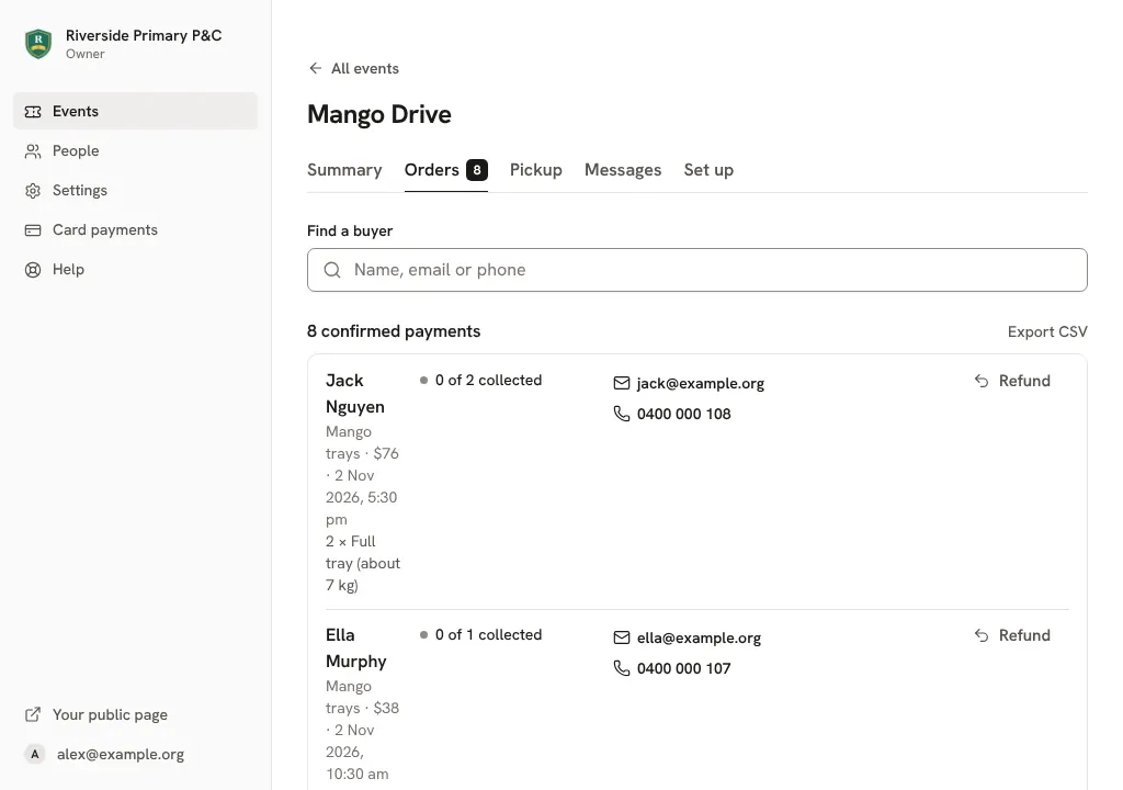 The Orders tab, with a search box and Export CSV