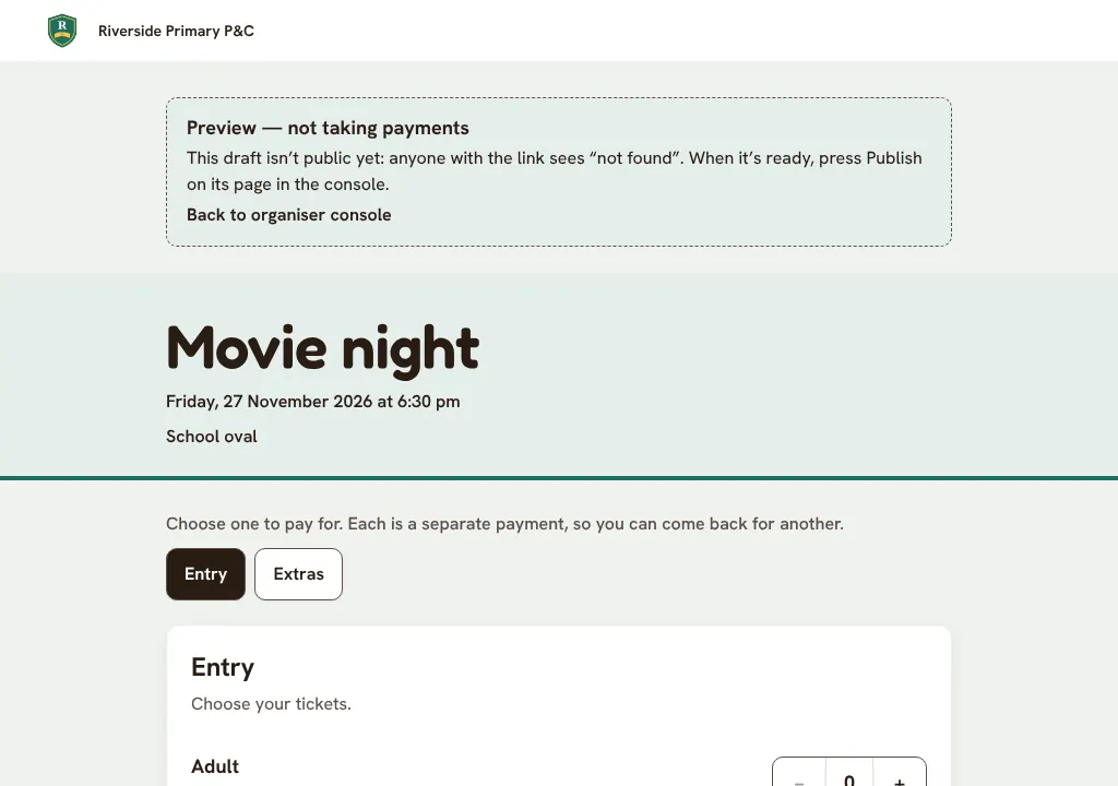 The preview of a draft, with payments switched off