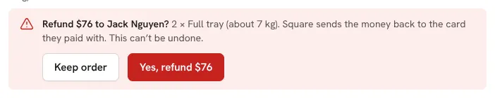 Refunding an order: check the amount and the buyer, then confirm