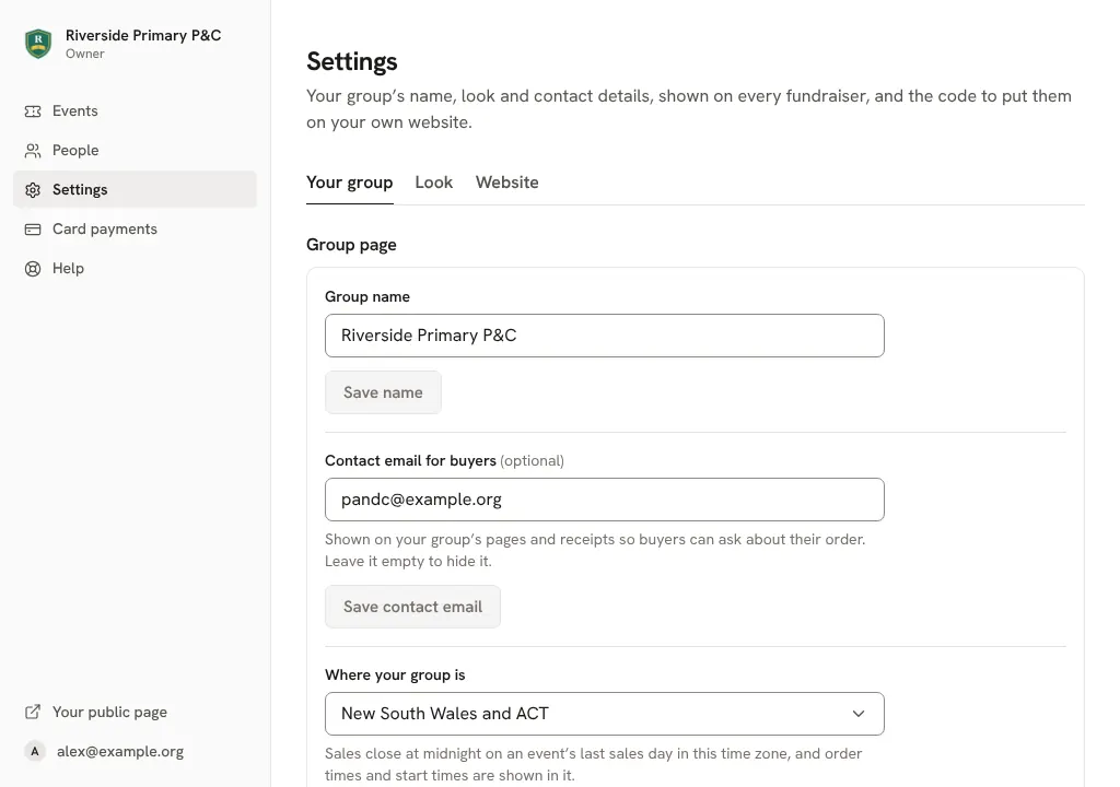 Settings: your group's name, contact email and where it is