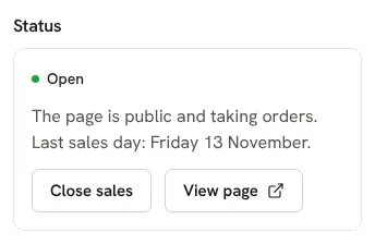 An open fundraiser's status, with Close sales