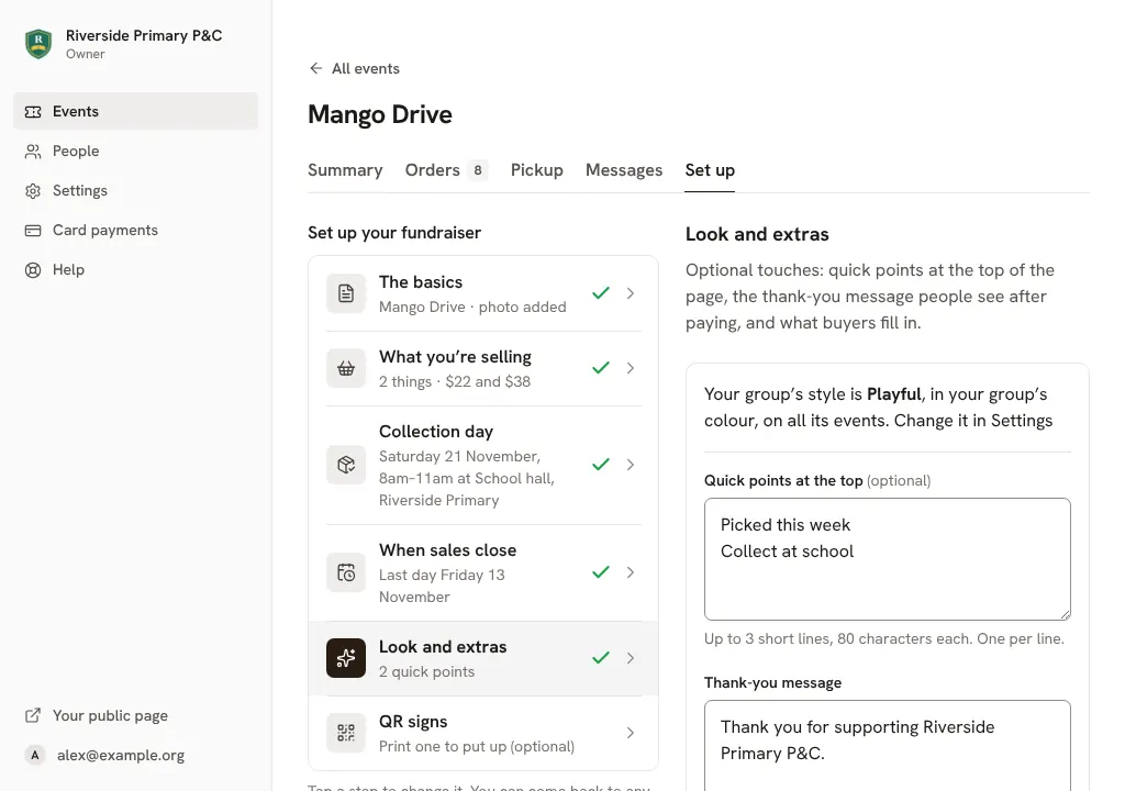 Look and extras: quick points and the thank-you message