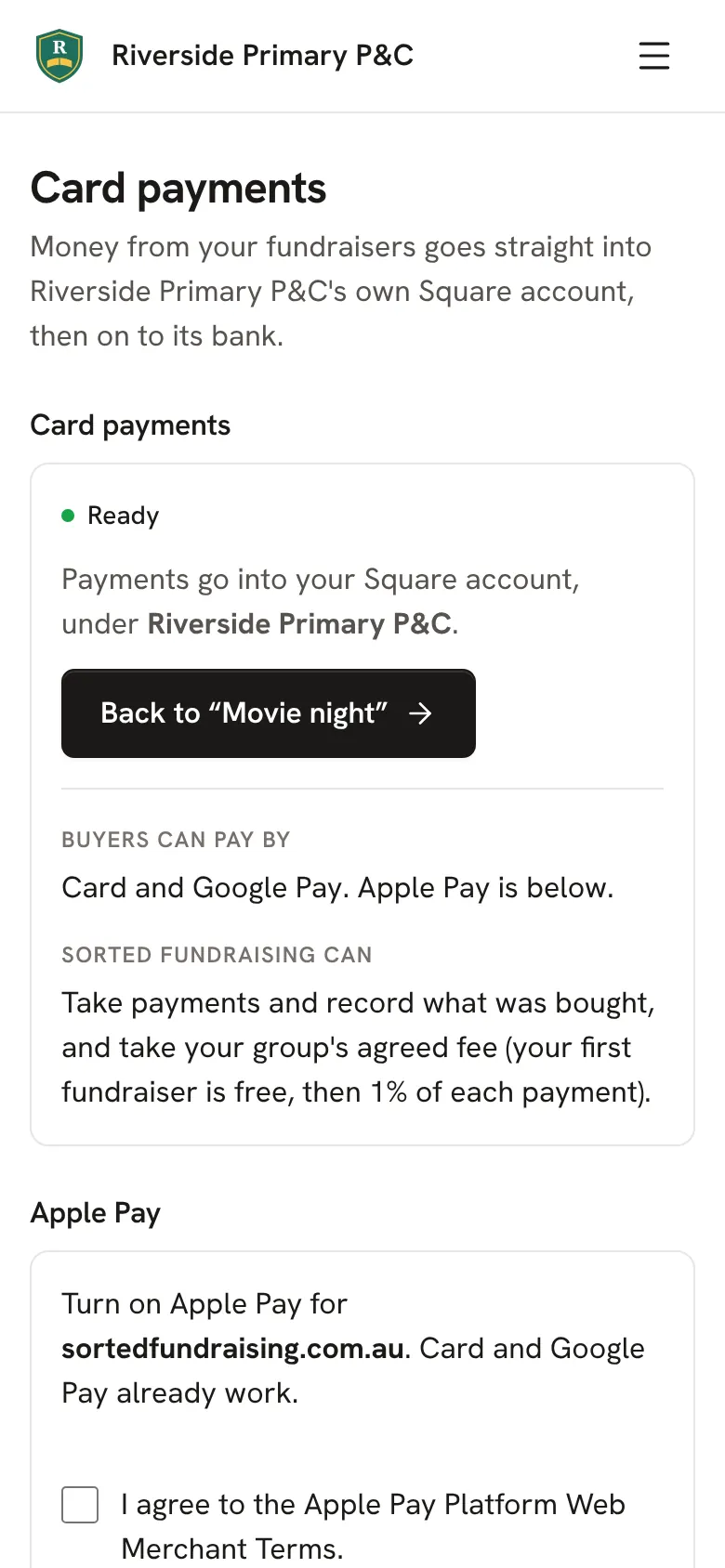 The Card payments screen once it's ready