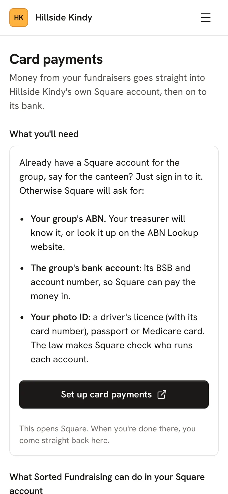 The Card payments screen before Square is set up