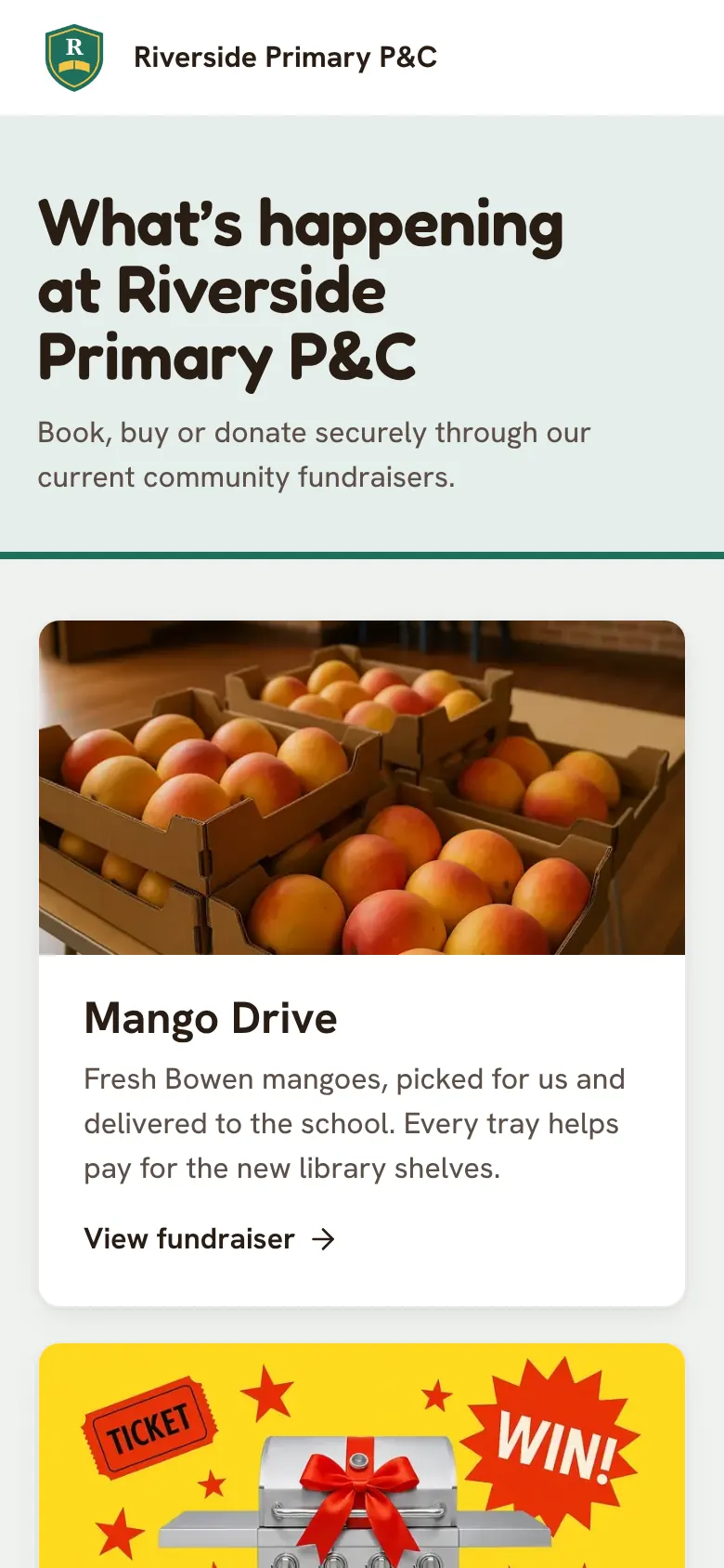 Your group's page, listing its open fundraisers