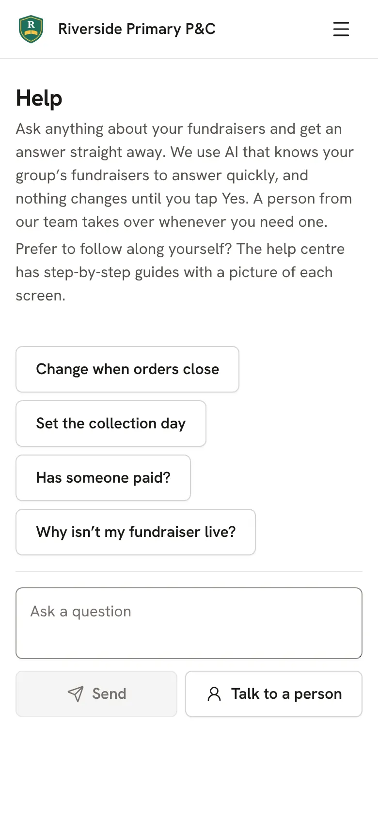 Help: ask a question, or talk to a person