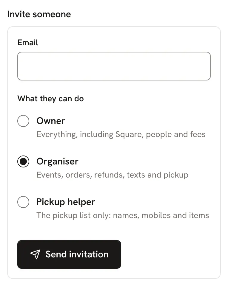 Inviting someone and choosing what they can do