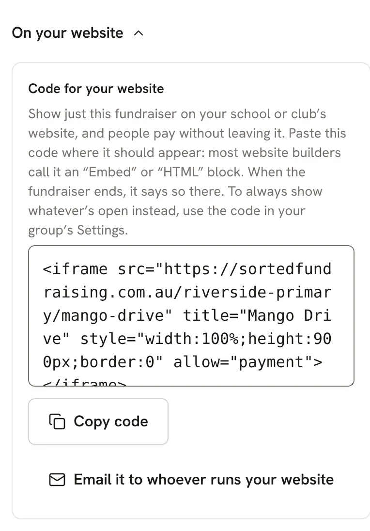 The code to show a fundraiser on your own website