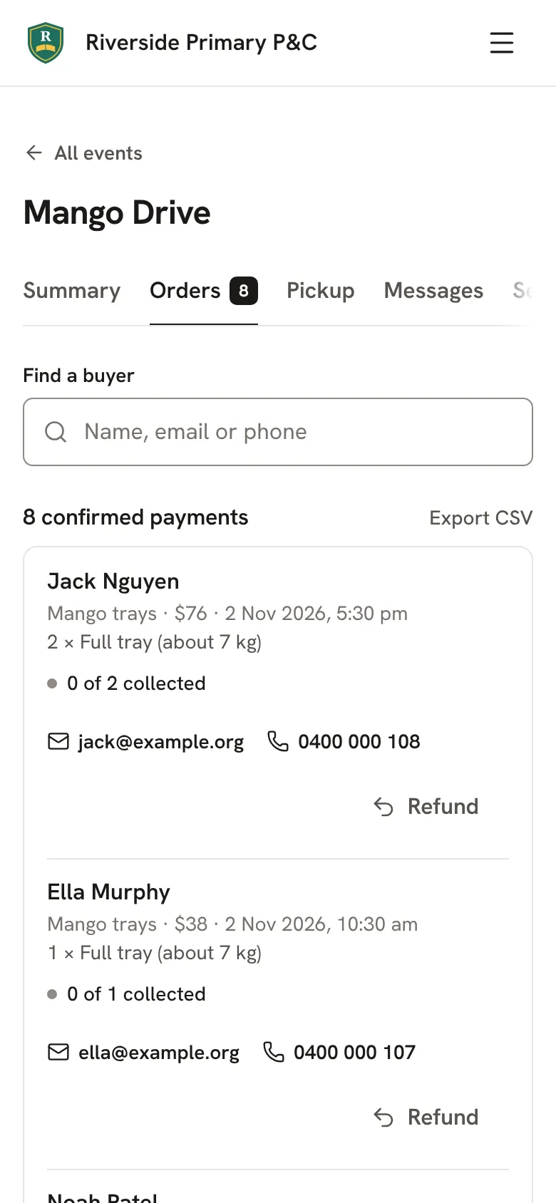 The Orders tab, with a search box and Export CSV