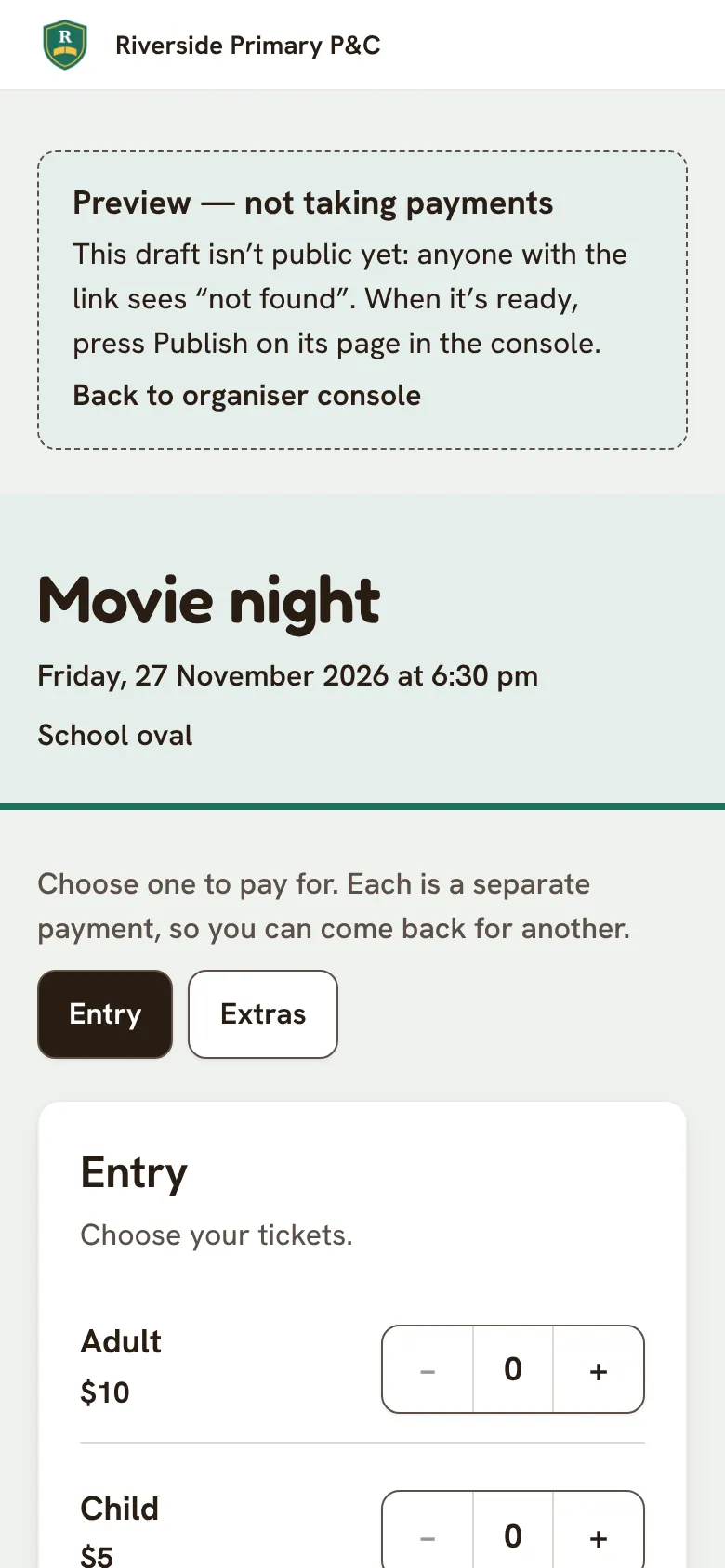 The preview of a draft, with payments switched off