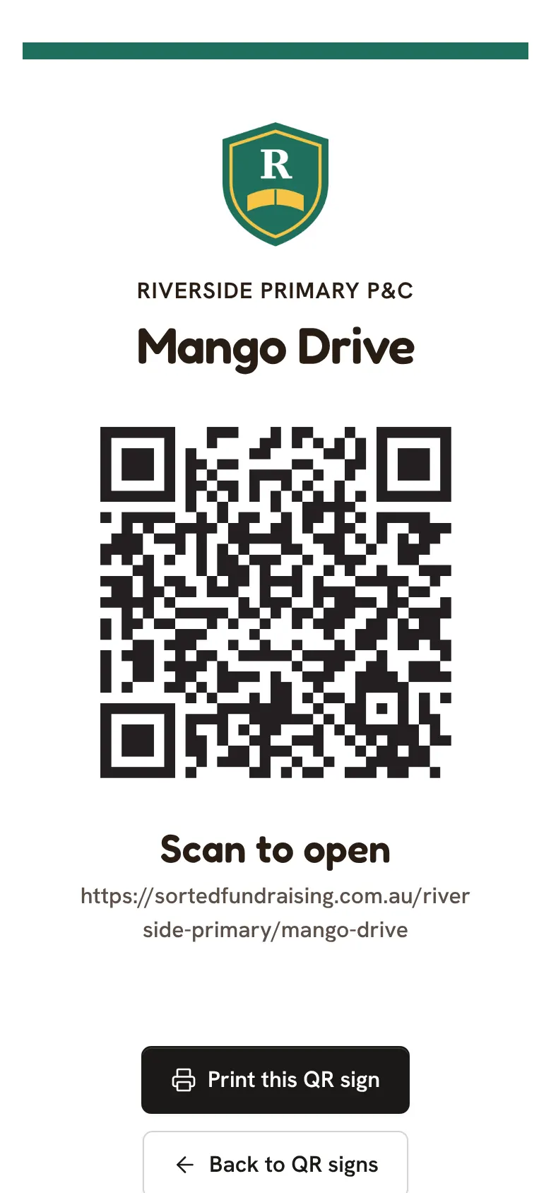 A printable QR sign for the Mango Drive
