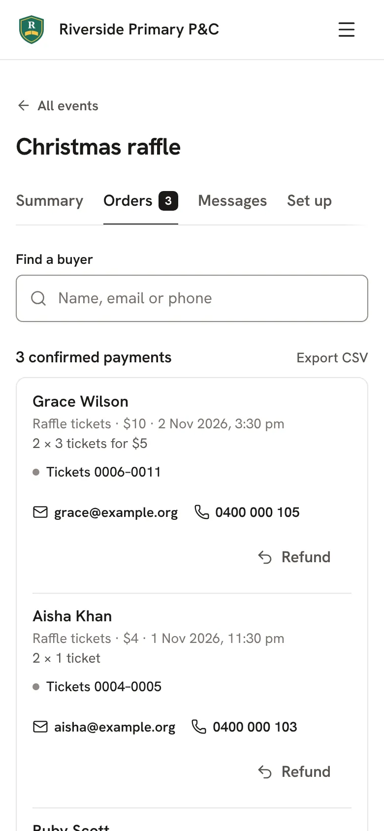 Raffle orders, each with its ticket numbers