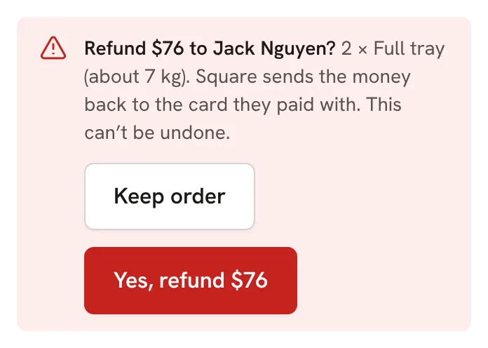 Refunding an order: check the amount and the buyer, then confirm