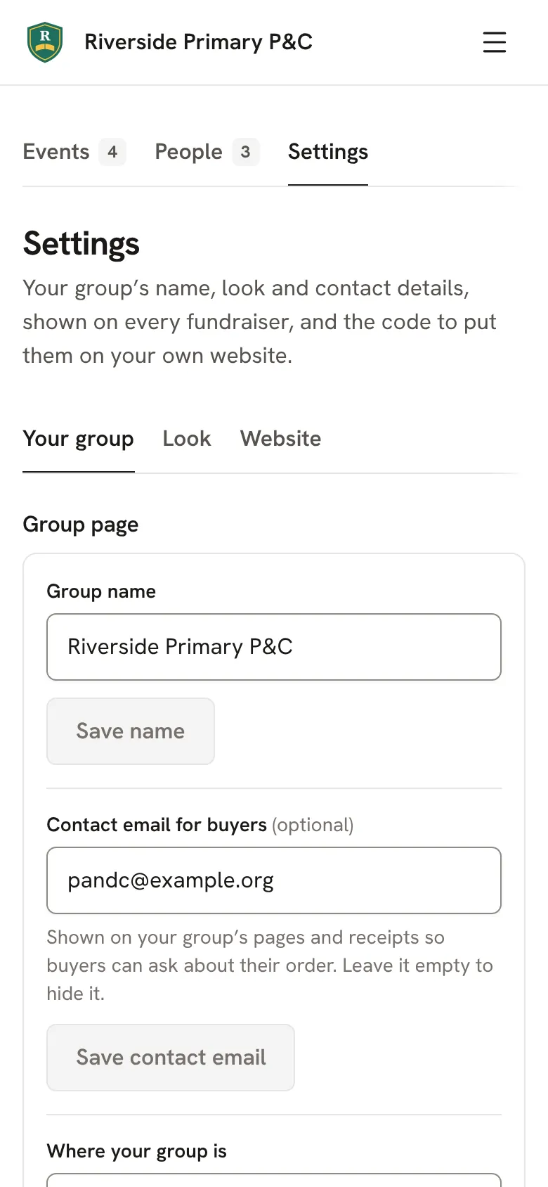 Settings: your group's name, contact email and where it is