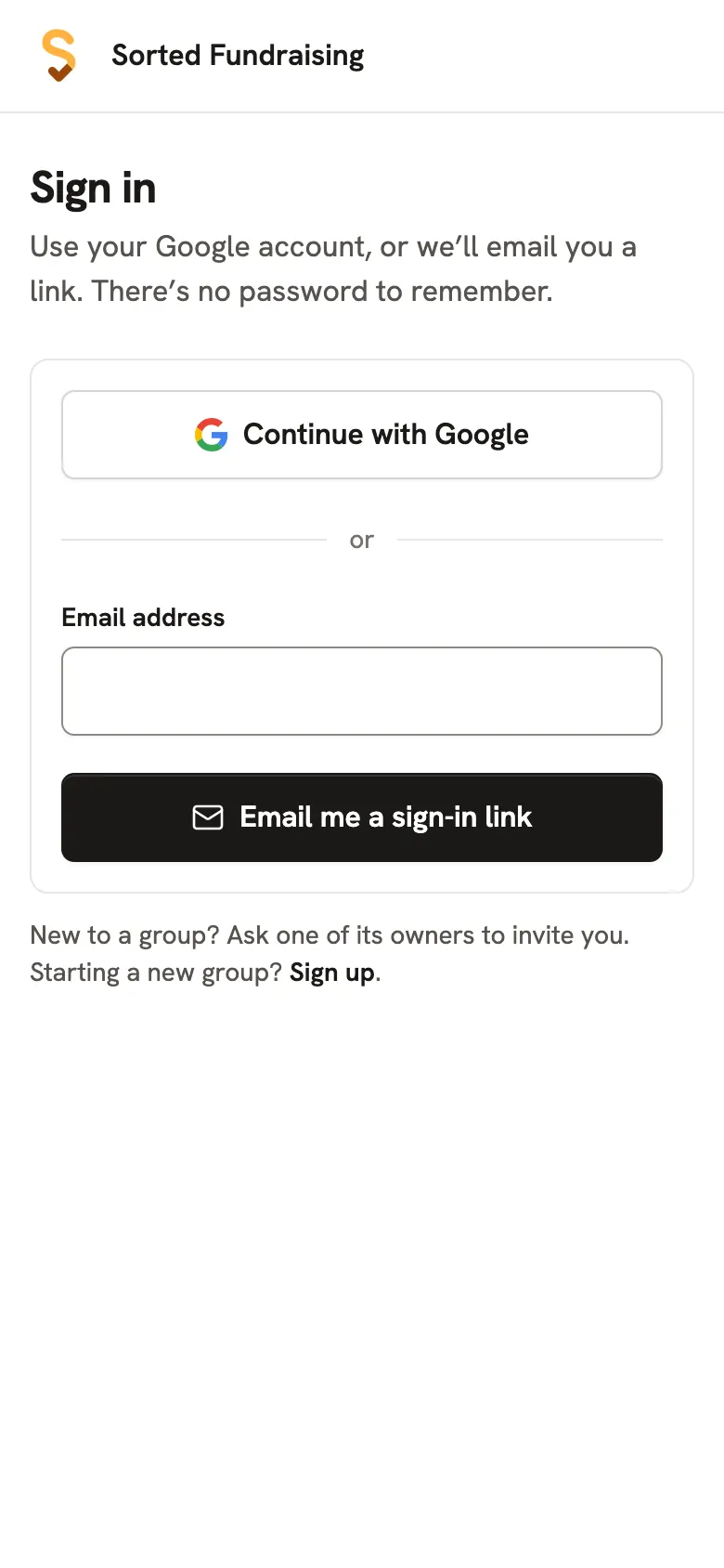 Sign in with your Google account or an emailed link