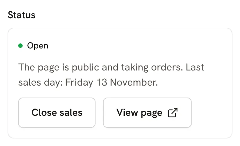 An open fundraiser's status, with Close sales